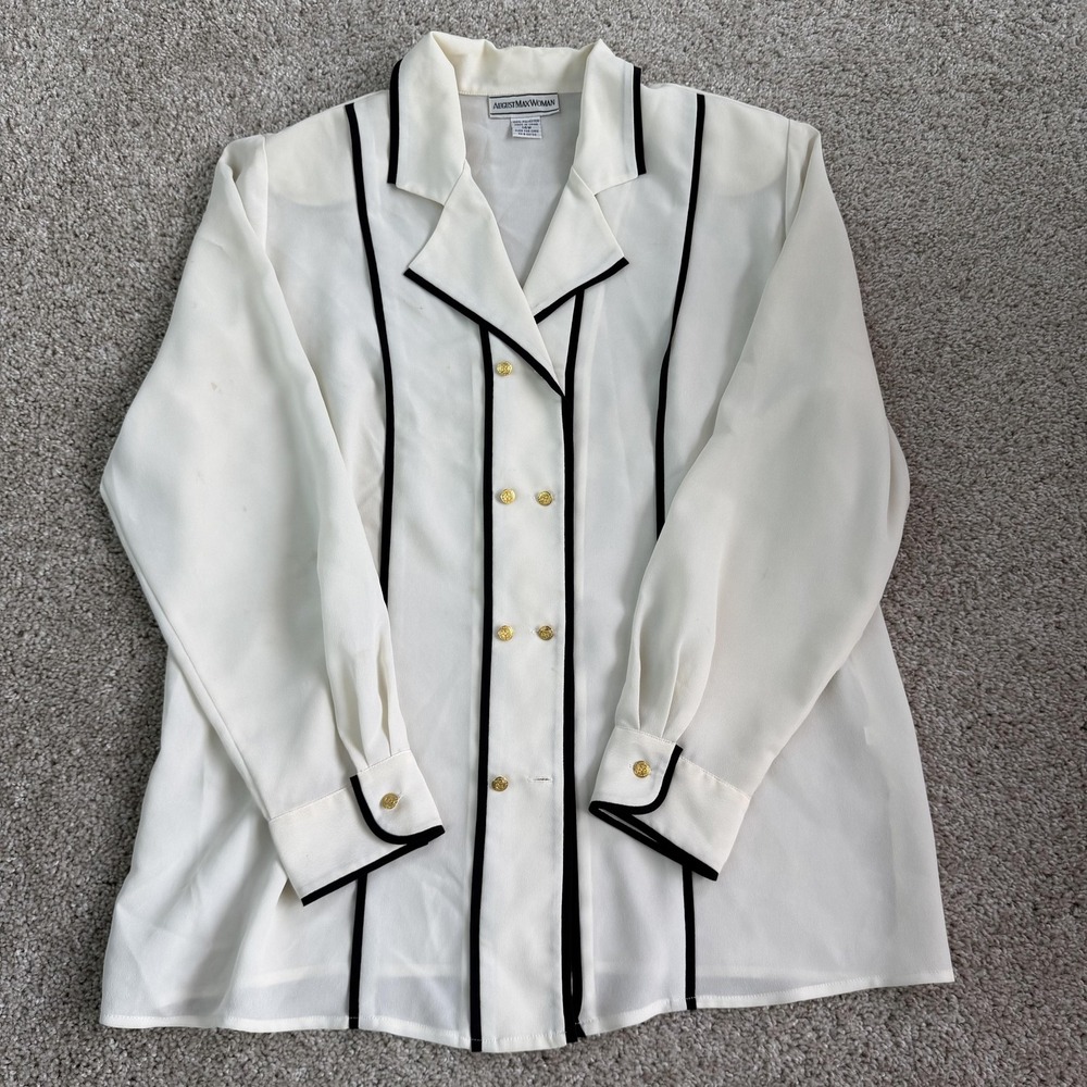 Vintage August Max Blouse Womens 14W White Sheer Contrast Trim Long Sleeve Top